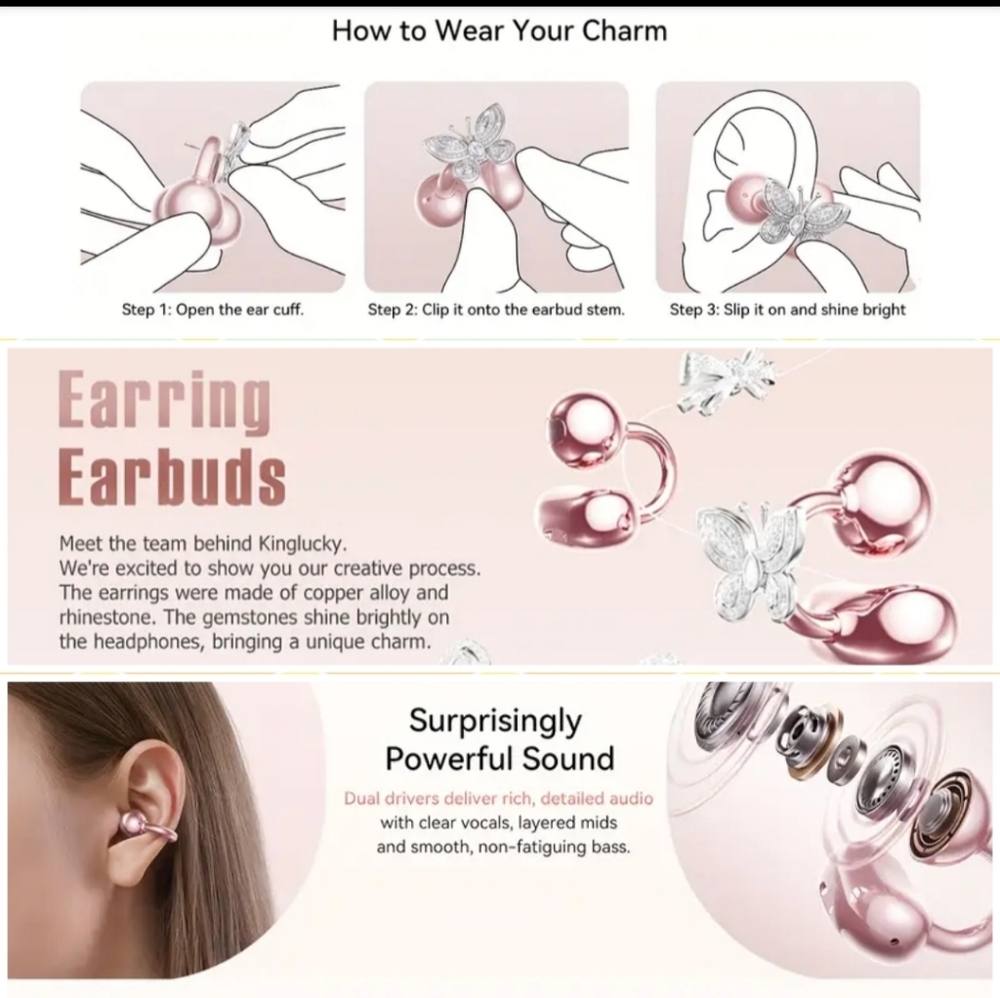 Kinglucky Clip-On Earbuds, Open-Ear Wireless Earbuds, (Jingle Bow) Black & Pink - Picture 9 of 16